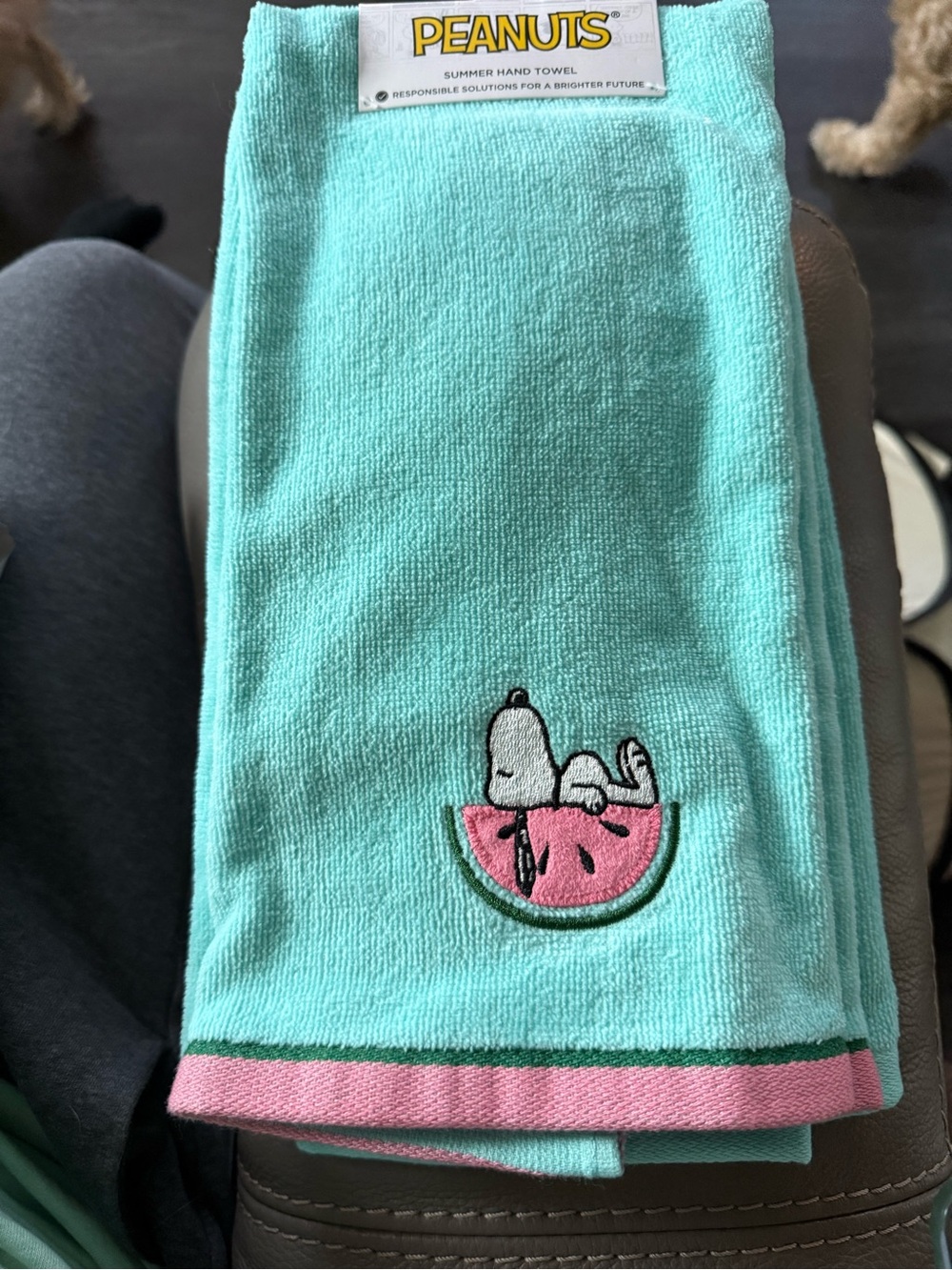 Peanuts Snoopy Aqua Summer Hand Towel with Watermelon Embroidery. Set of 2